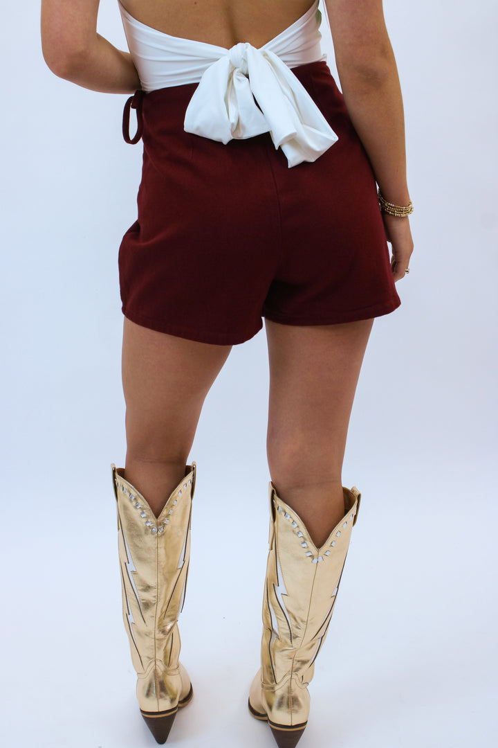 Glow Up Denim Mini Skort, Maroon