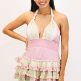 Quintelle Ruffle Halter Mini Dress, Taffy Twist