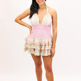 Quintelle Ruffle Halter Mini Dress, Taffy Twist
