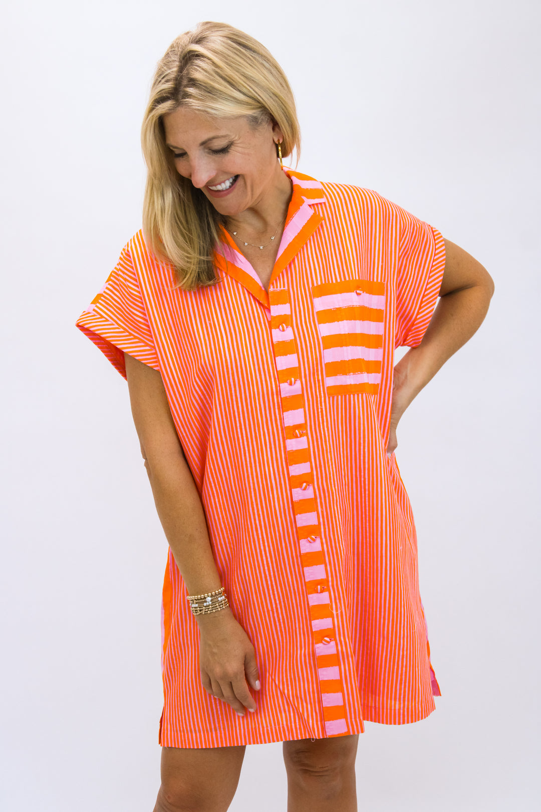 Luna Dress, Coral Pink Stripe