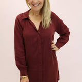 Long Sleeve Button Down Dress, Maroon