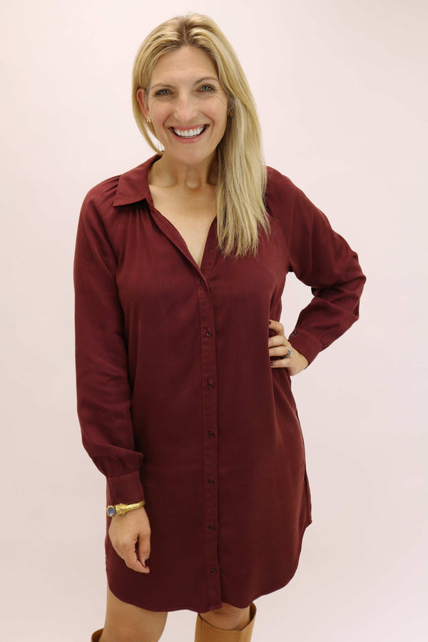 Long Sleeve Button Down Dress, Maroon