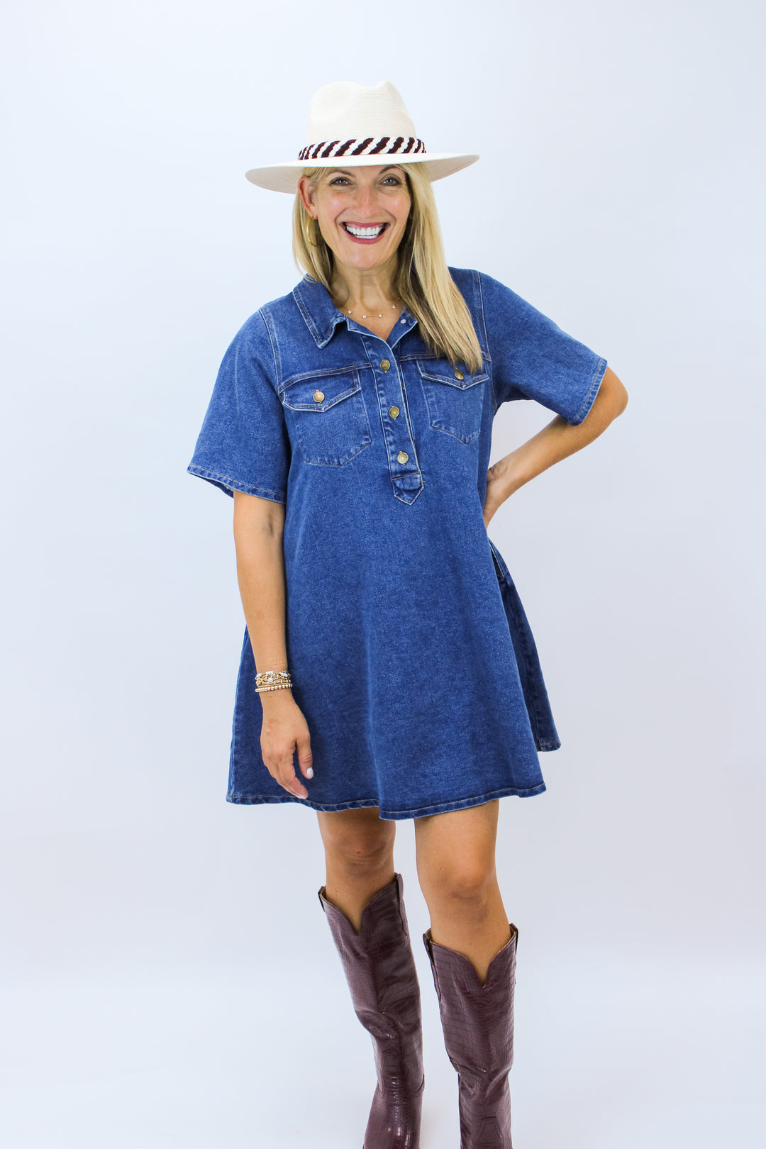 Paloma Denim Mini Shirt Dress, Medium Wash