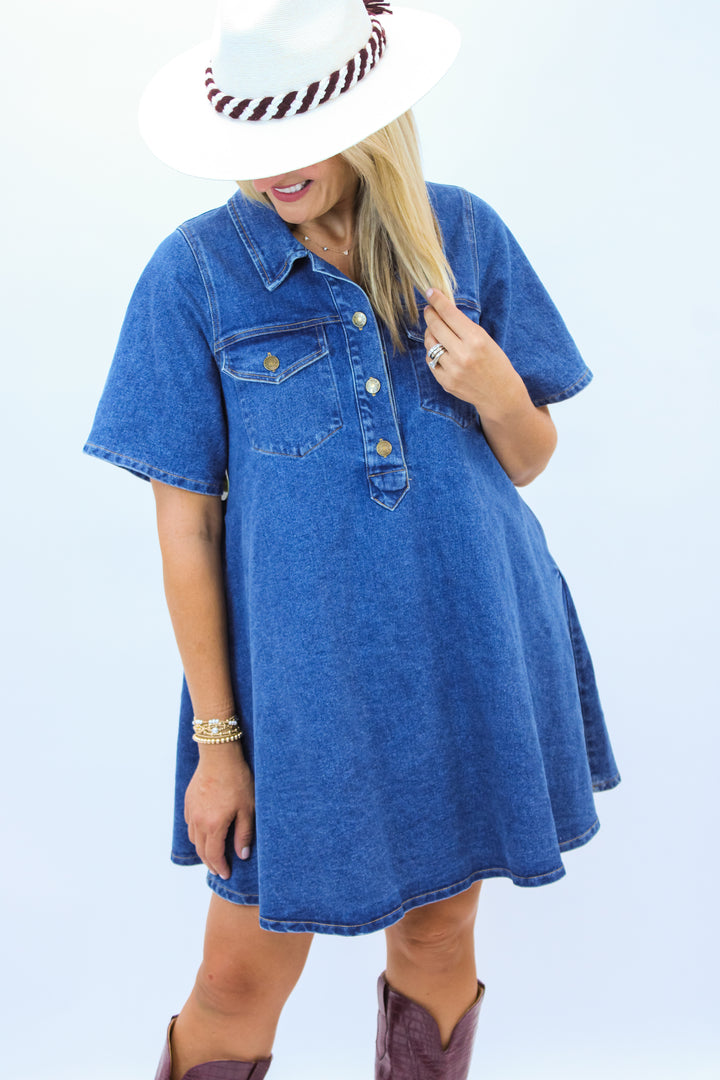 Paloma Denim Mini Shirt Dress, Medium Wash