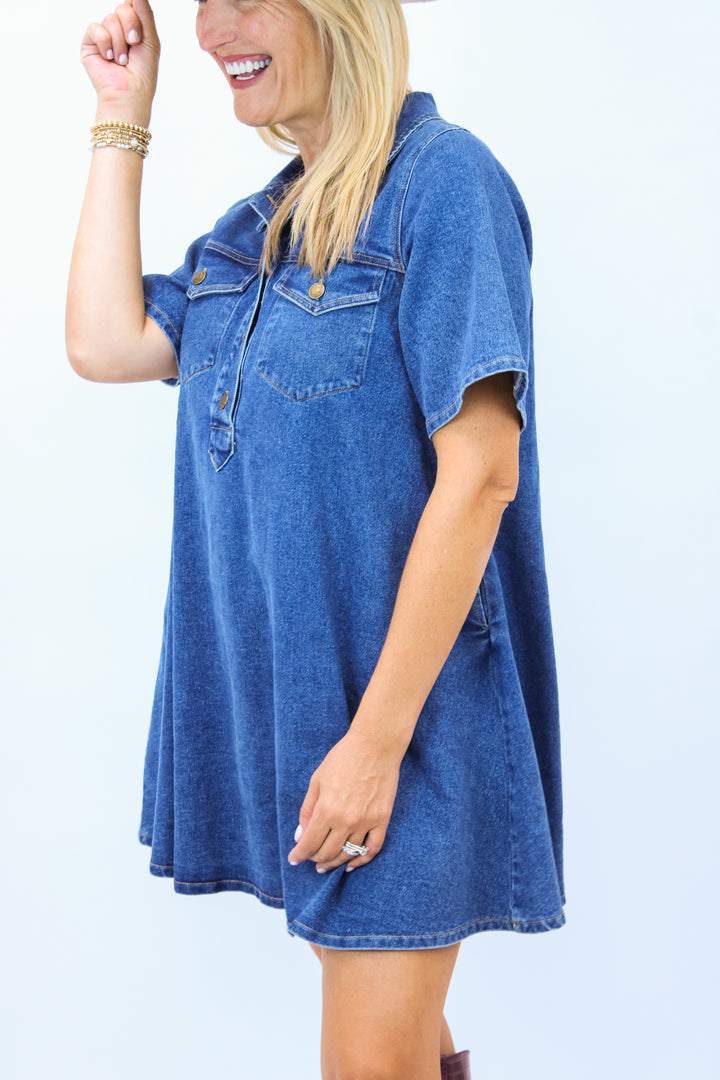 Paloma Denim Mini Shirt Dress, Medium Wash