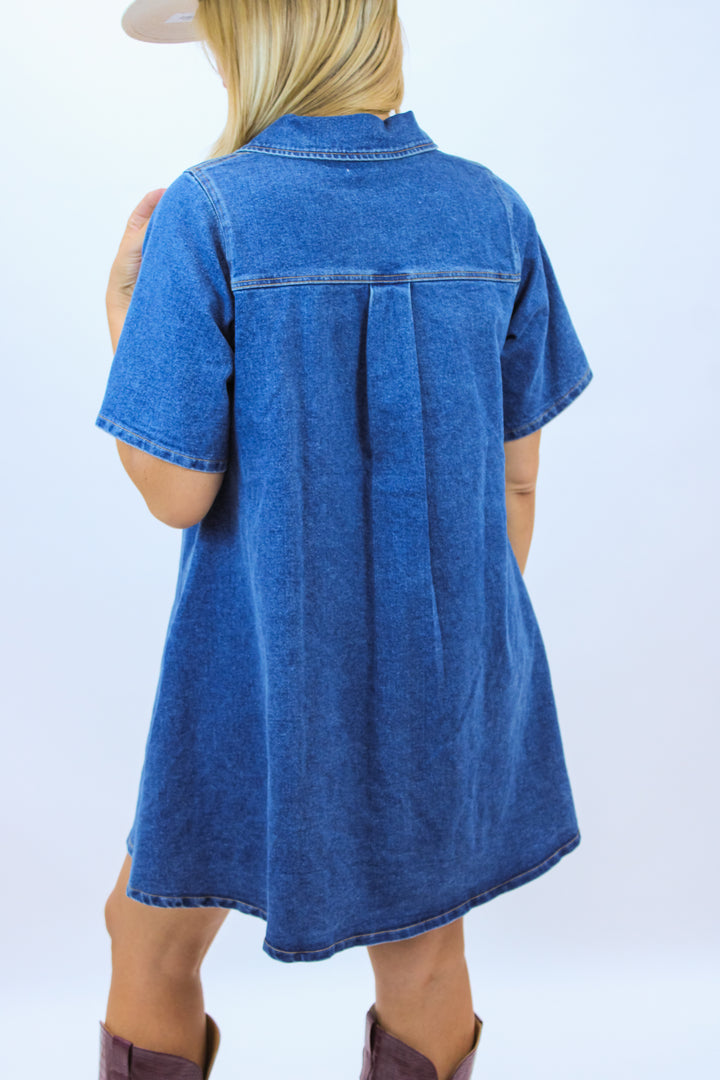 Paloma Denim Mini Shirt Dress, Medium Wash