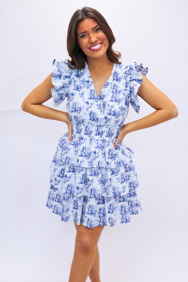 Charlotte Printed Mini Dress, Blue