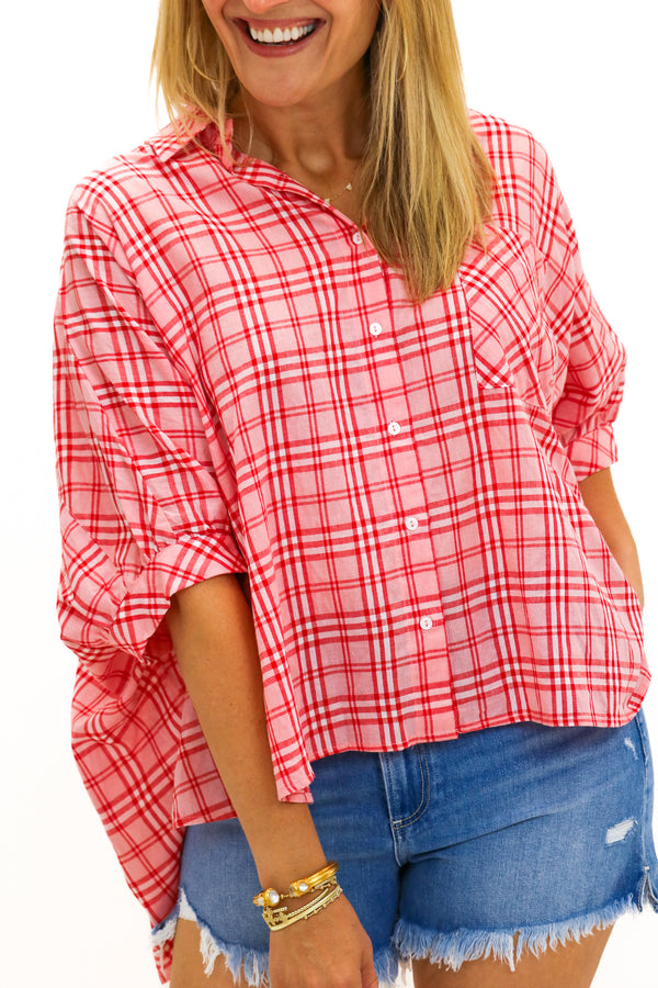 Sadie Oversized Button Down Top, Pink/Red Combo