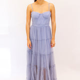 Mireya Bustier Tulle Maxi Dress, Dusty Blue
