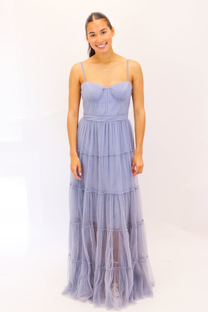 Mireya Bustier Tulle Maxi Dress, Dusty Blue