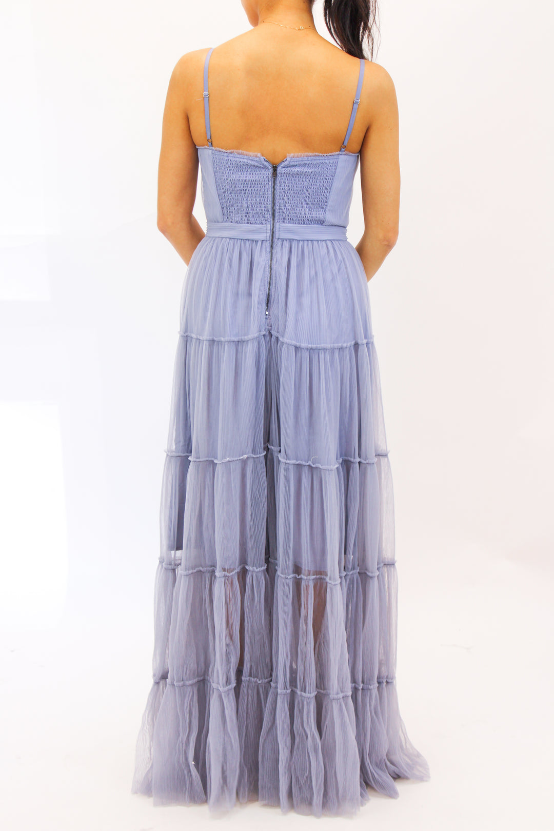 Mireya Bustier Tulle Maxi Dress, Dusty Blue