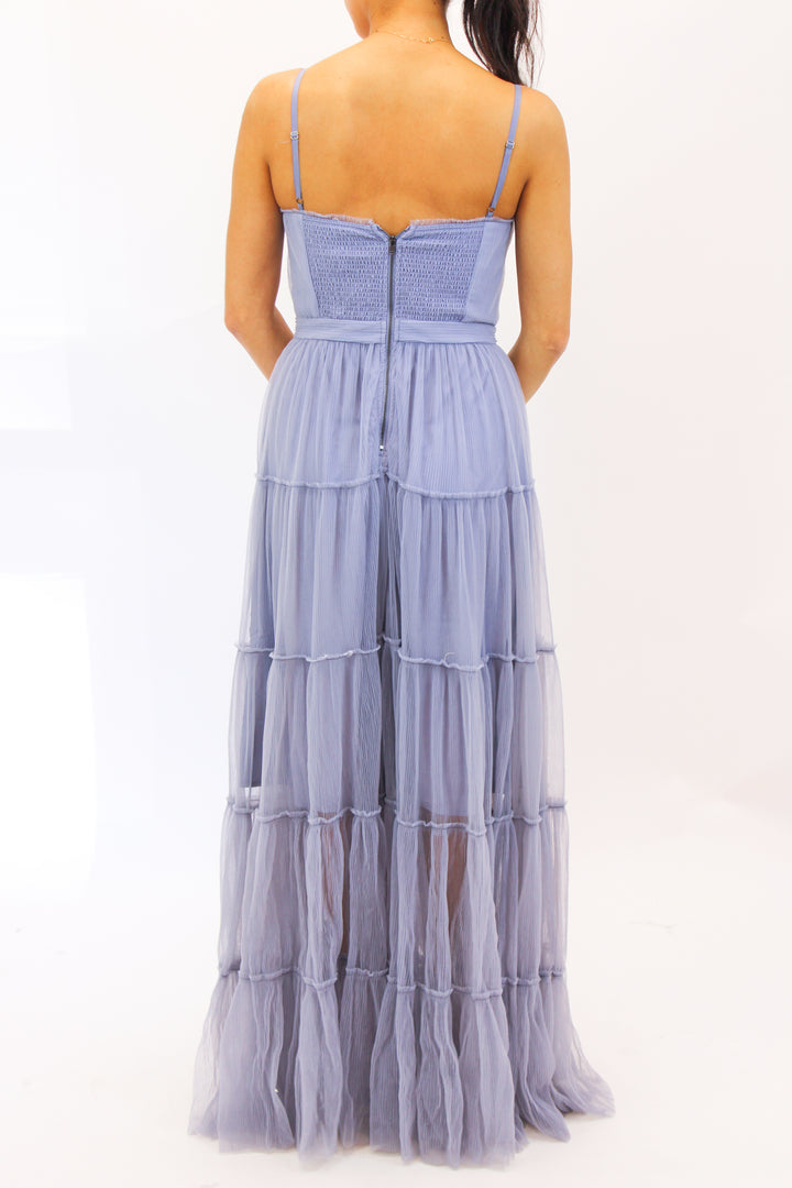 Mireya Bustier Tulle Maxi Dress, Dusty Blue