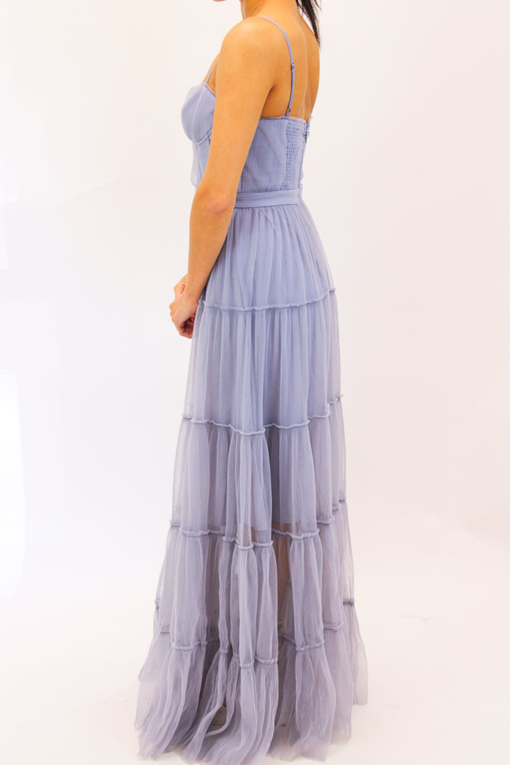 Mireya Bustier Tulle Maxi Dress, Dusty Blue