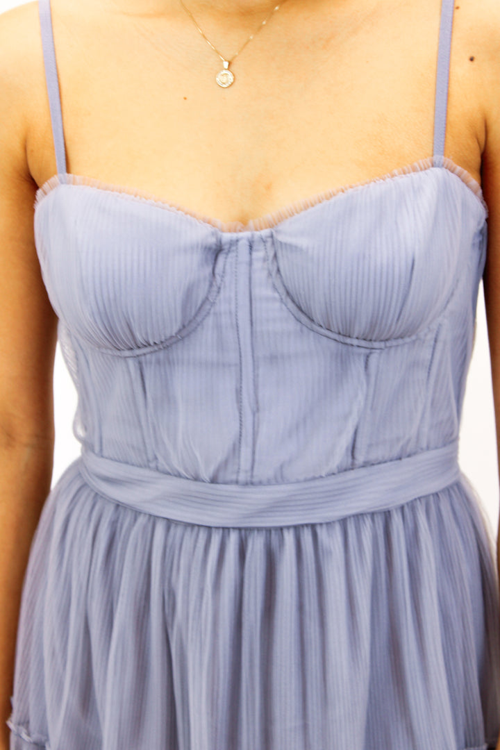 Mireya Bustier Tulle Maxi Dress, Dusty Blue
