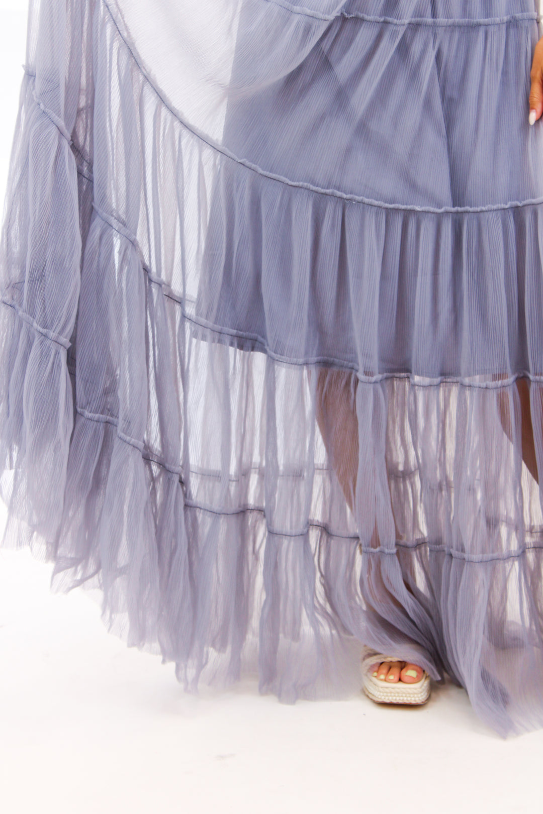Mireya Bustier Tulle Maxi Dress, Dusty Blue