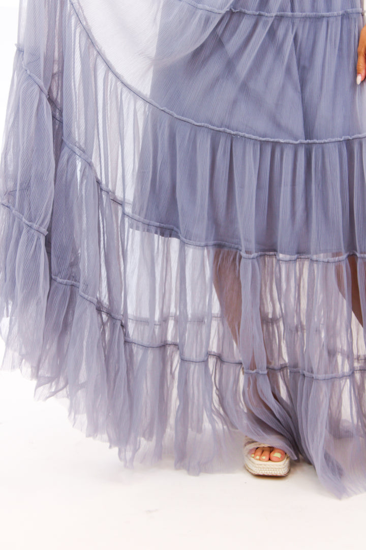 Mireya Bustier Tulle Maxi Dress, Dusty Blue