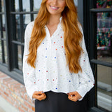 Rhinestone Cotton Button Up, White Multi