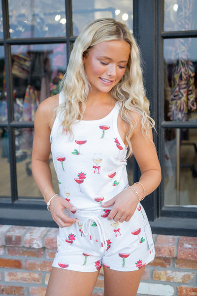 Let's Get Toasty Holiday Wine Print Tank Top, Ivory