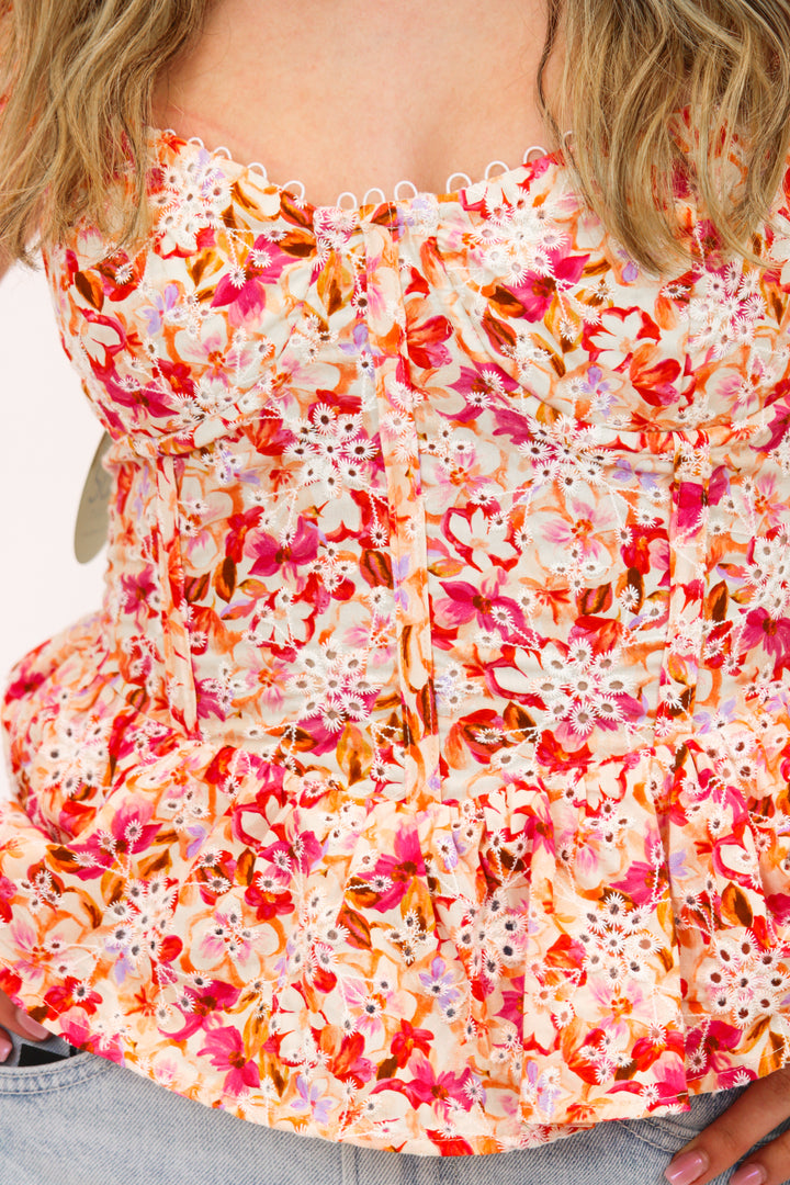 Baylin Floral Peplum Top, Pink Multi Floral