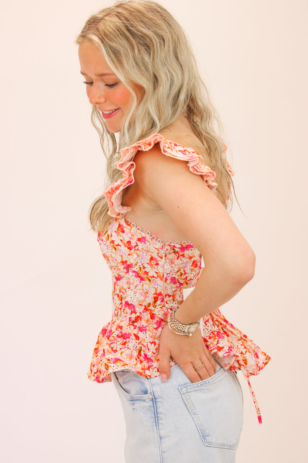 Baylin Floral Peplum Top, Pink Multi Floral