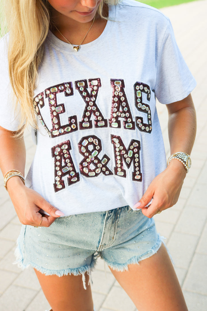 Texas A&M Multi Jewel Letter Tee, Grey