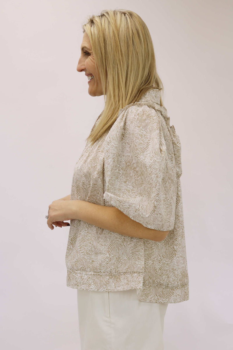 One For The Books Printed Collared Top, Taupe