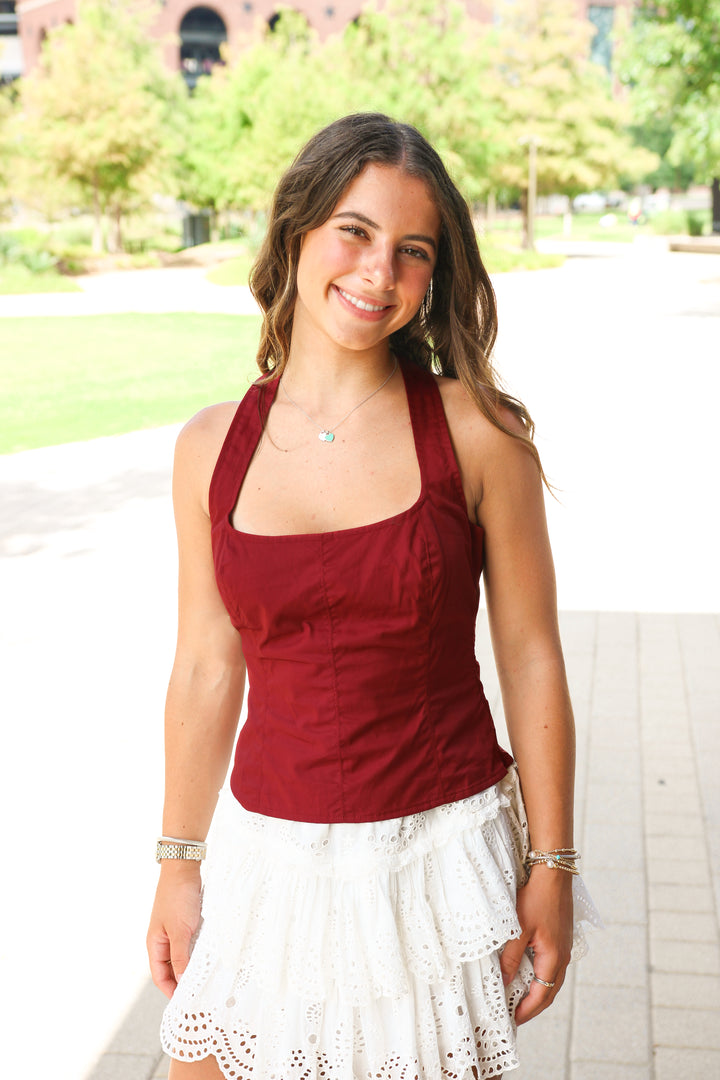 Sweet Victory Halter Top, Maroon/White