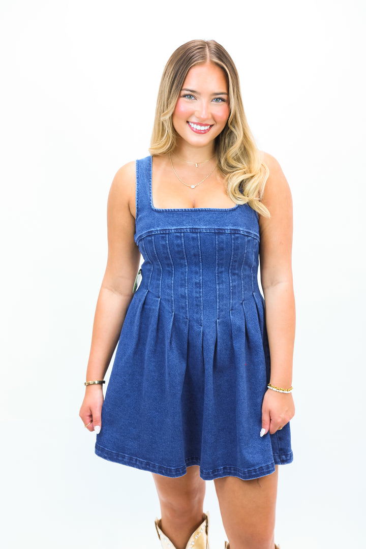 Varsity Denim Dress, Dark Denim