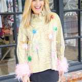 Sparkler Button Up Top with Pink Feather Sleeves, Gold Stripe/Multi