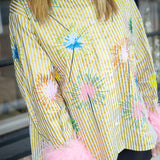 Sparkler Button Up Top with Pink Feather Sleeves, Gold Stripe/Multi