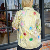 Sparkler Button Up Top with Pink Feather Sleeves, Gold Stripe/Multi