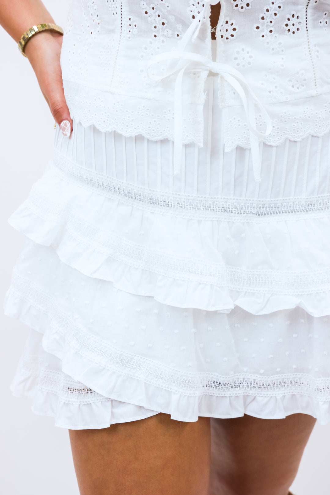 Kensley Eyelet Tiered Mini Skirt, White