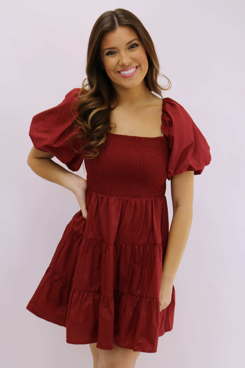 In The Vineyard Smocked Dress, Maroon