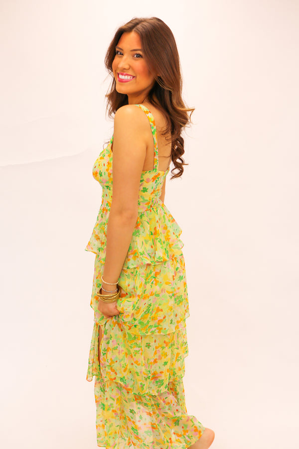 Midsummer Floral Tiered Maxi Dress, Yellow Green Multi