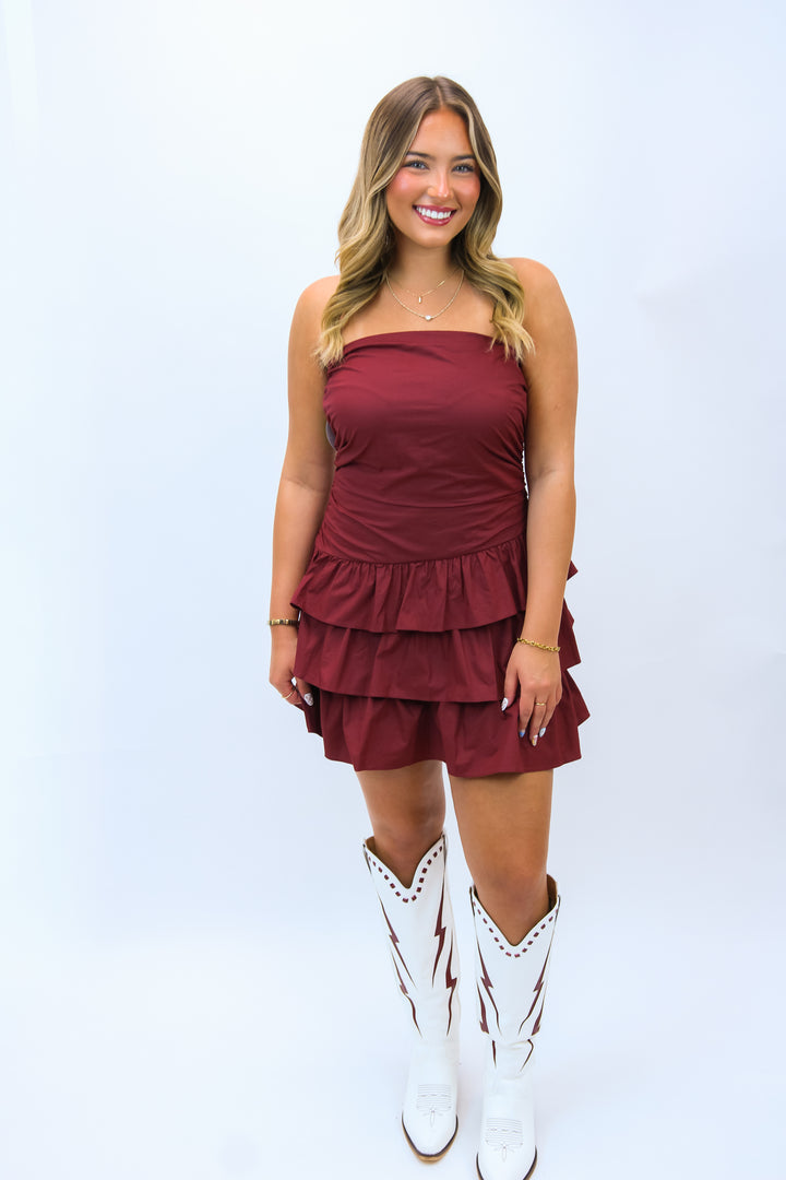 Ruche Hour Mini Dress, Maroon