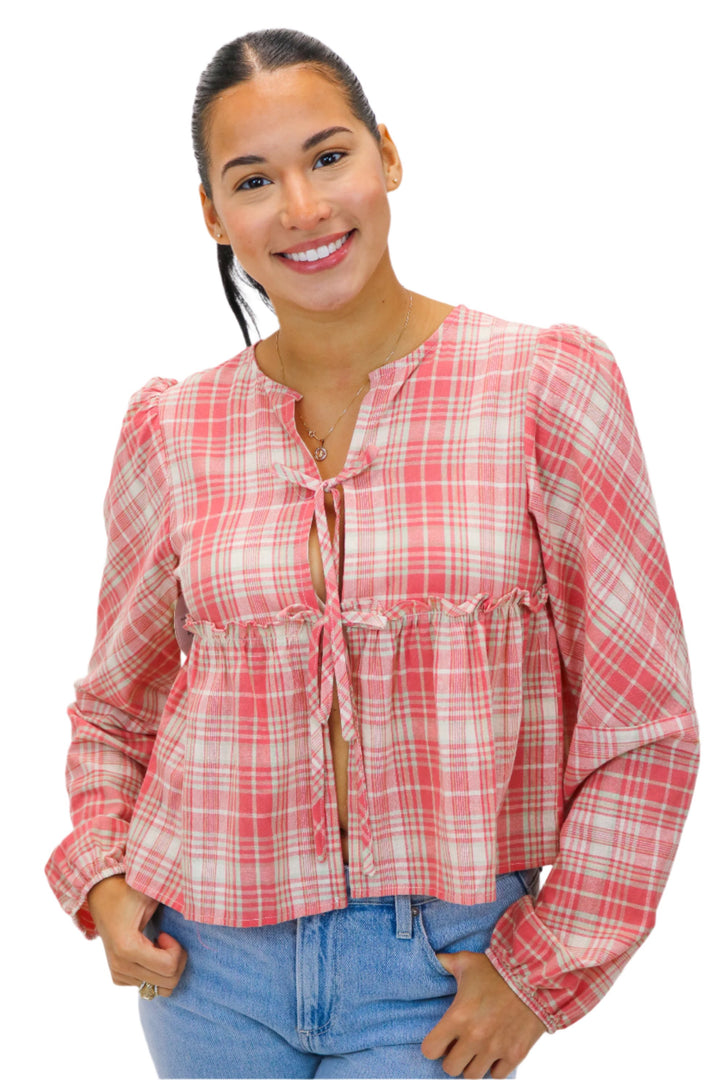 Find Me Countryside Plaid Front Tie Top