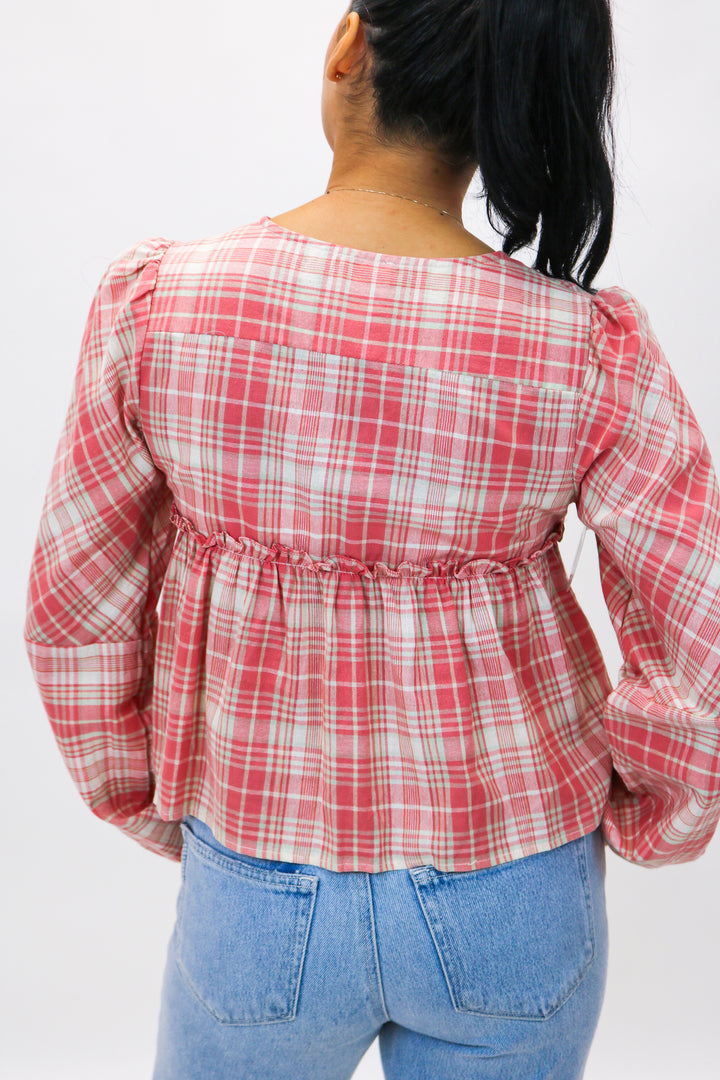 Find Me Countryside Plaid Front Tie Top