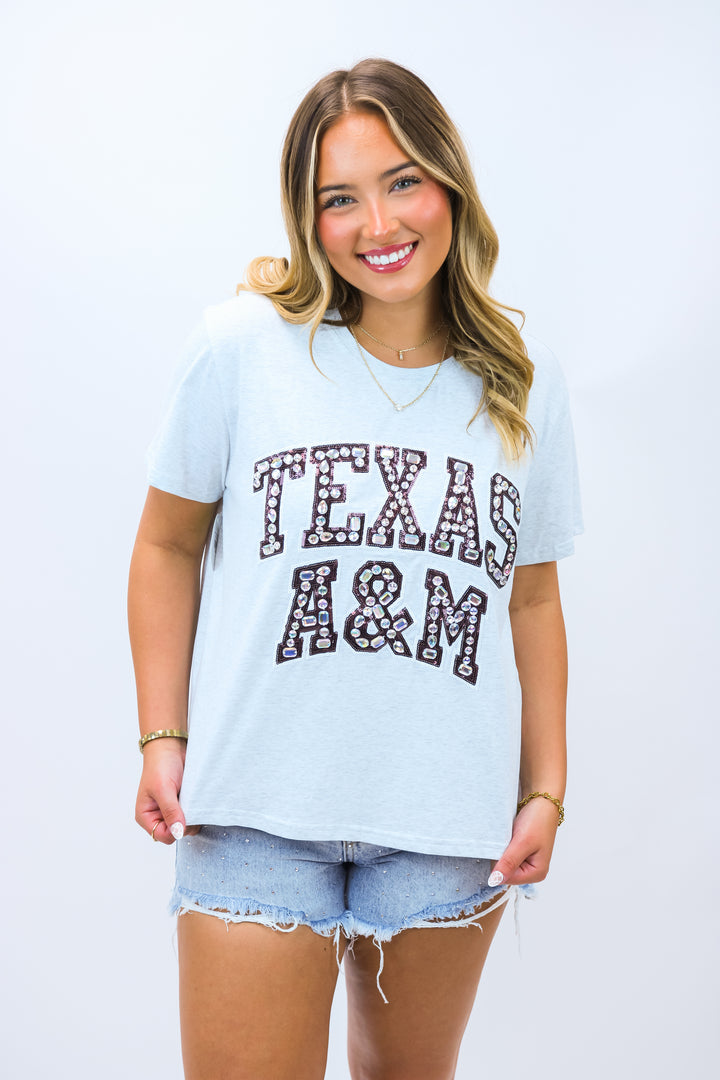 Texas A&M Multi Jewel Letter Tee, Grey