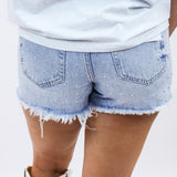 High Rise Embellished Denim Short, Light Blue