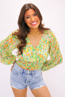 Bellona Floral Puff Sleeve Top, Yellow Green Multi