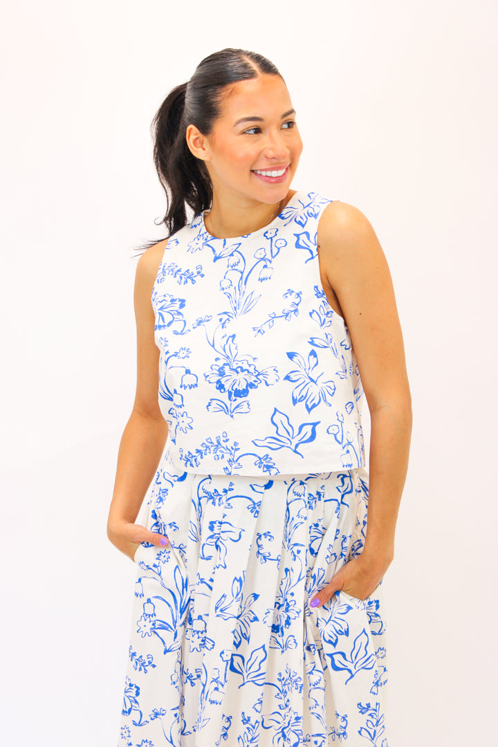 Blue Blossom Top, Cream/Blue