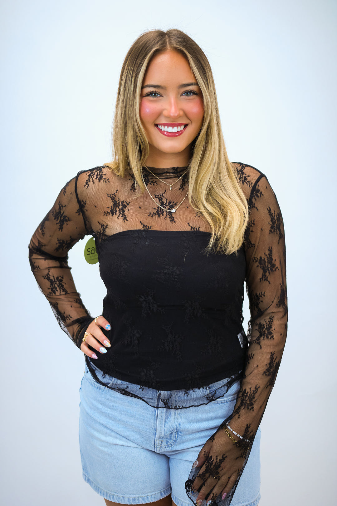 Gametime Lace Mockneck Top, Black