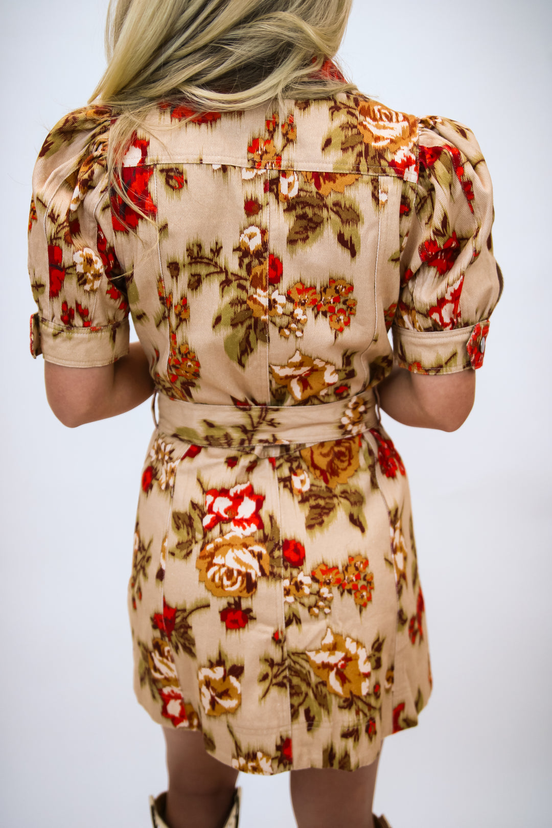 Lovely Moments Puff Sleeve Dress, Taupe/Red