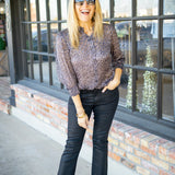 Bishop Sleeve Button Up, Silver Leapord