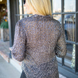 Bishop Sleeve Button Up, Silver Leapord