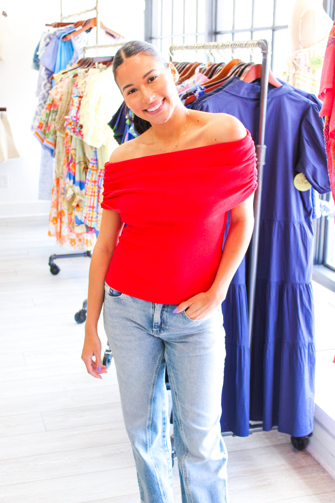 Kylin Off Shoulder Sweater Top, Red