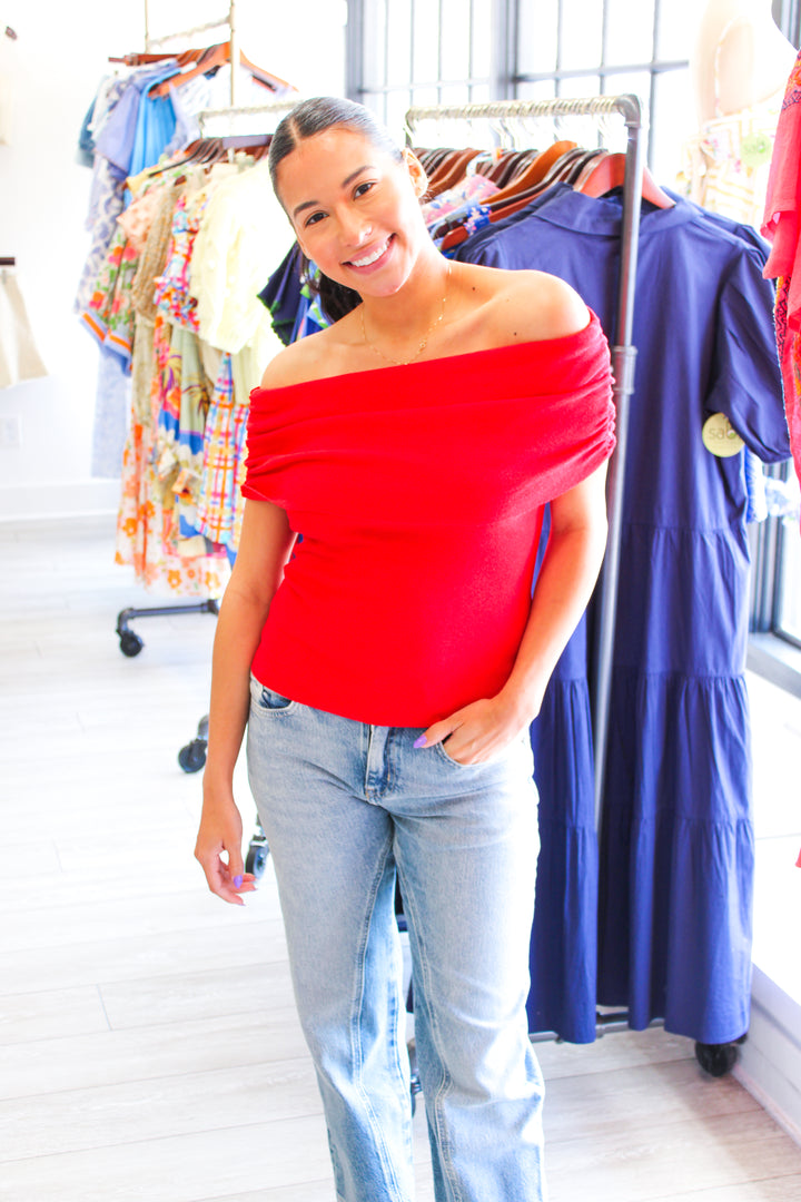 Kylin Off Shoulder Sweater Top, Red