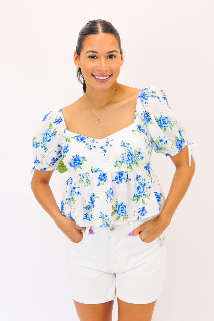 Breezy Blooms Top, Ivory/Blue