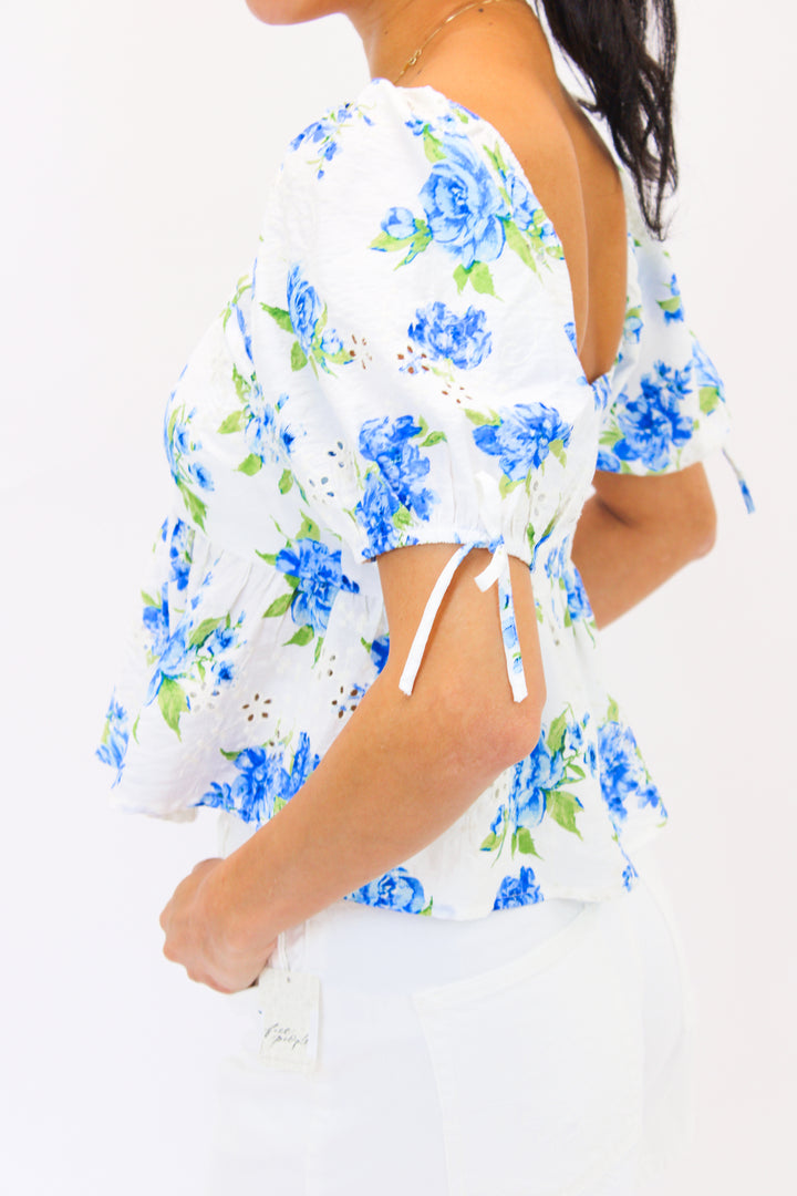 Breezy Blooms Top, Ivory/Blue