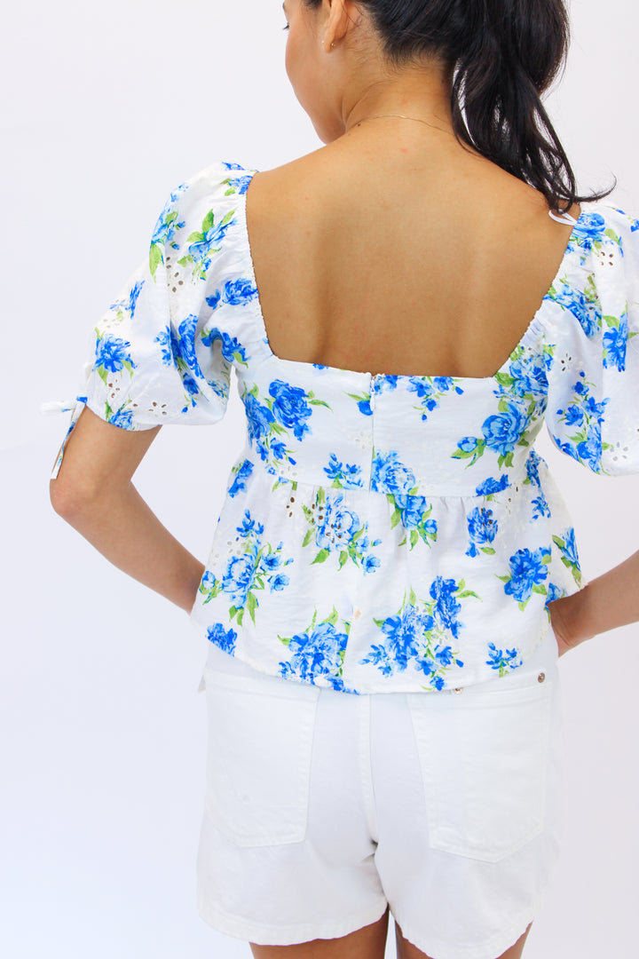 Breezy Blooms Top, Ivory/Blue
